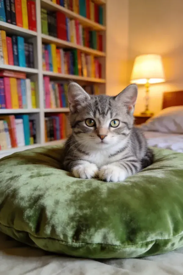 卧室书架旁的灰虎斑短毛家猫