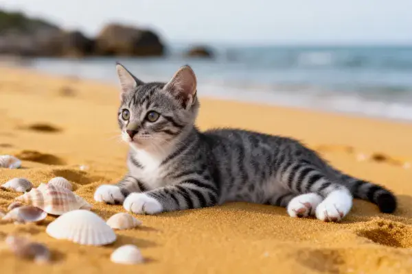 短毛虎斑家猫静卧沙滩贝壳处
