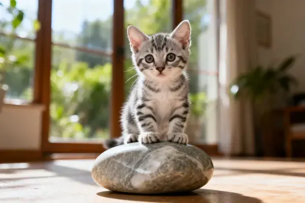 室内石块上的短毛虎斑猫