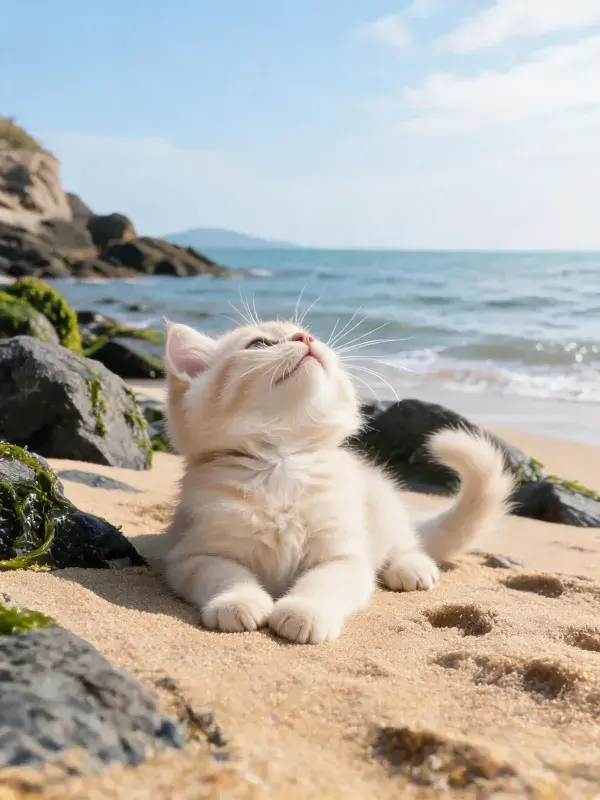 沙滩岩石间奶油色短毛小猫