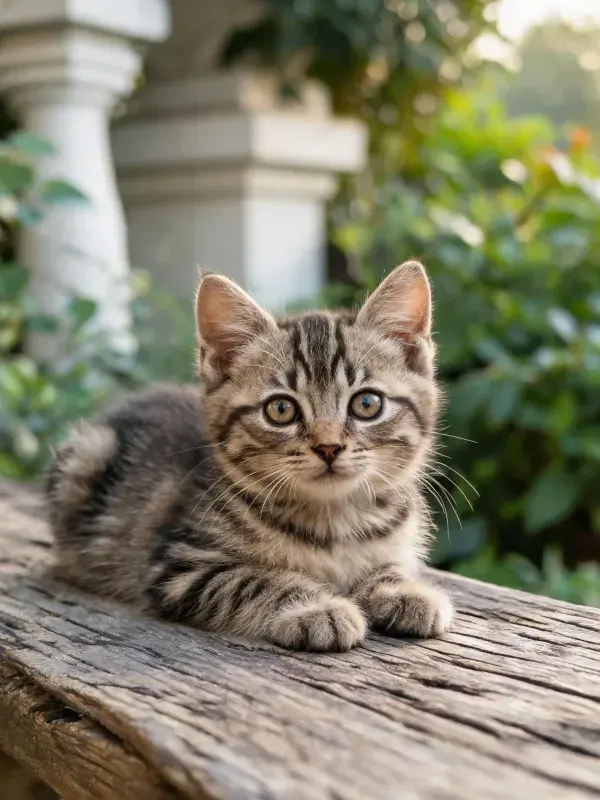 园林木栏上的短毛虎斑猫