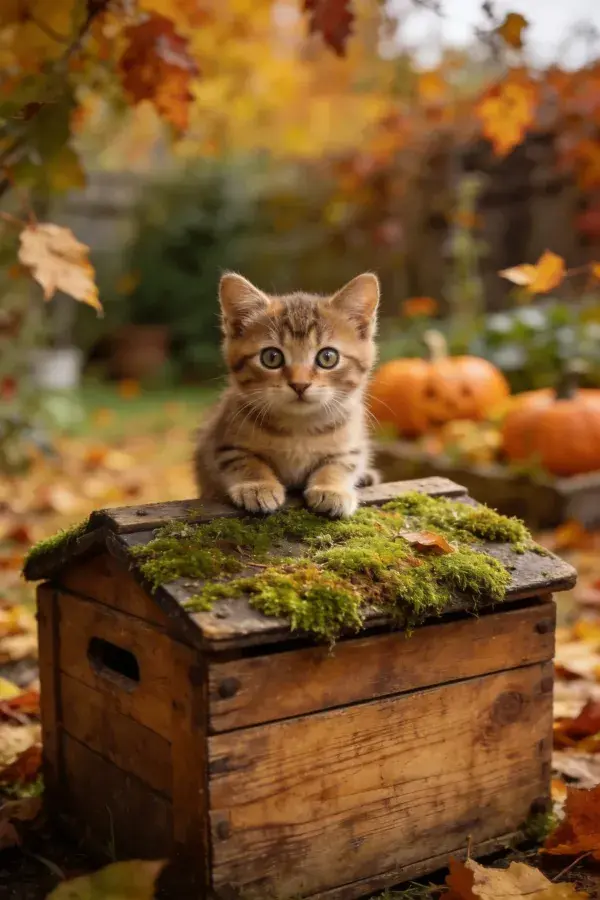 秋日花园木盒上的短毛虎斑猫