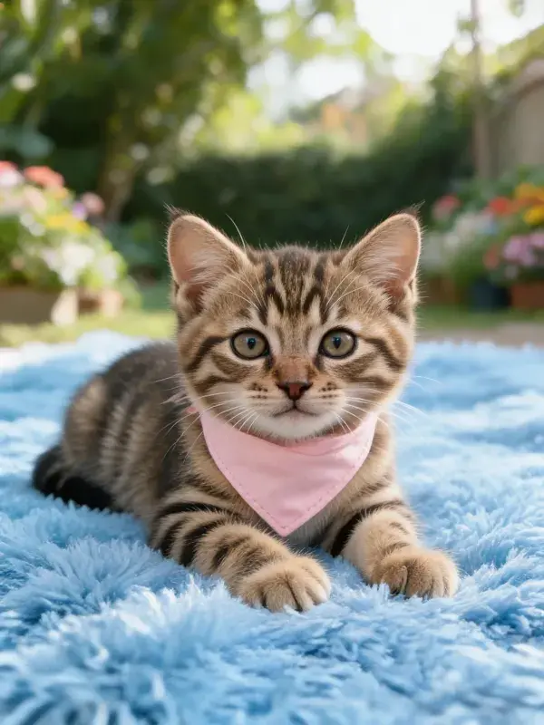 花园软毯上的虎斑小猫