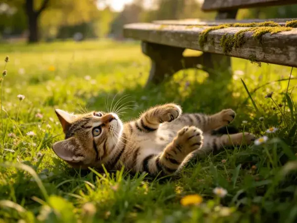 阳光下草地里的短毛虎斑猫玩耍场景