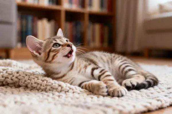室内地毯上的短毛虎斑猫