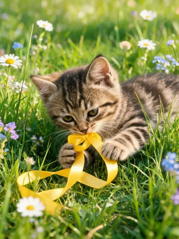 短毛虎斑猫在花草草地玩丝带场景