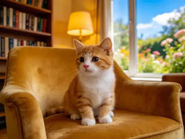 暖光书房里的橘白短毛家猫