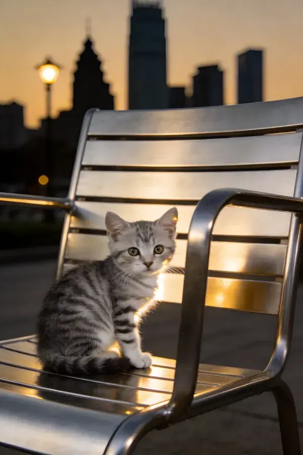 银虎斑短毛猫坐金属椅眺望城市天际线