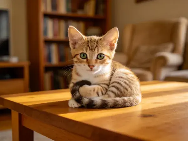 客厅暖光下的橘色虎斑短毛猫