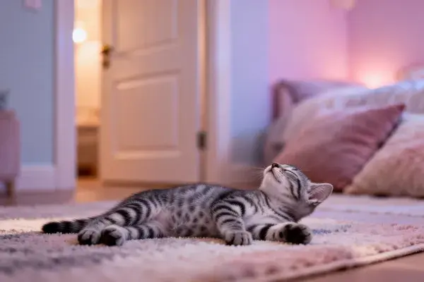 室内暖光下短毛虎斑猫安静地趴休憩场景
