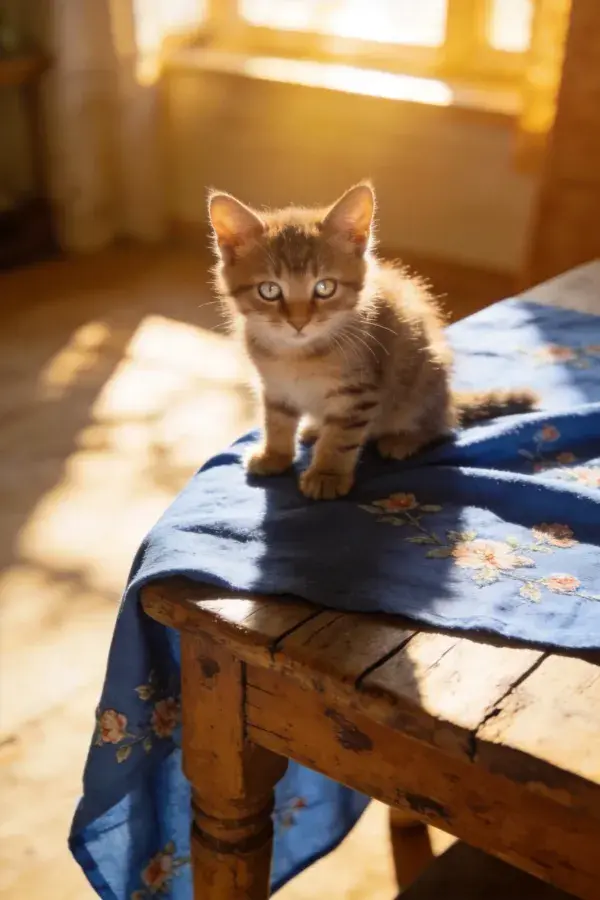 阳光照射下木质桌面上的短毛家猫
