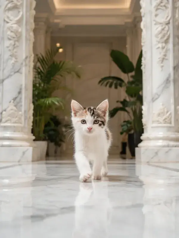 雕刻柱间的三色短毛猫行走景象