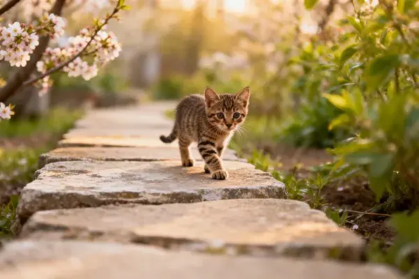 阳光石径间的短毛虎斑猫