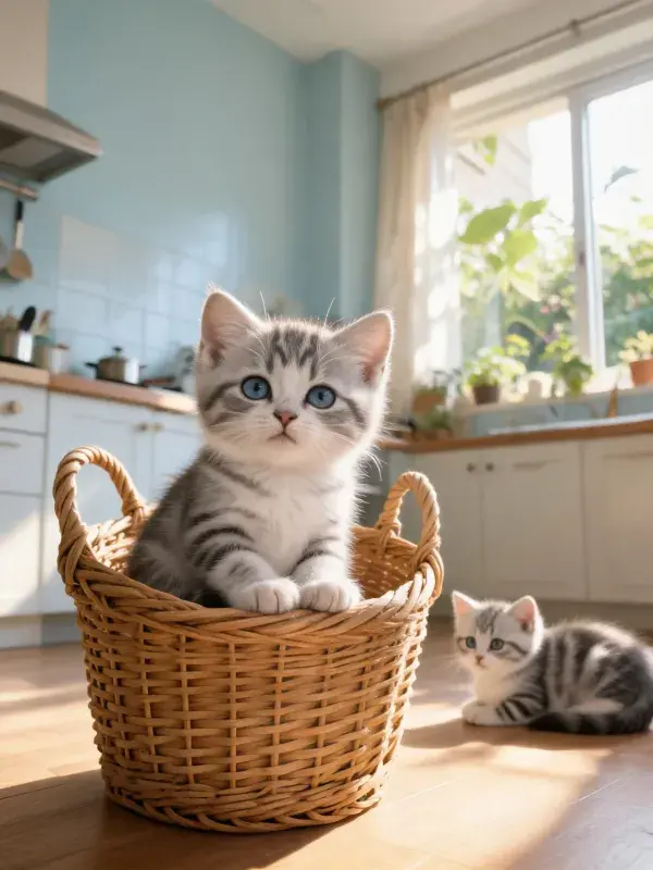 厨房内银色虎斑小猫与篮子场景