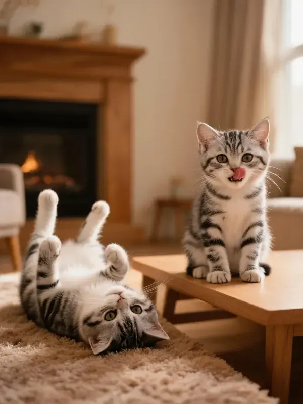 客厅暖光下美国短毛猫玩耍场景