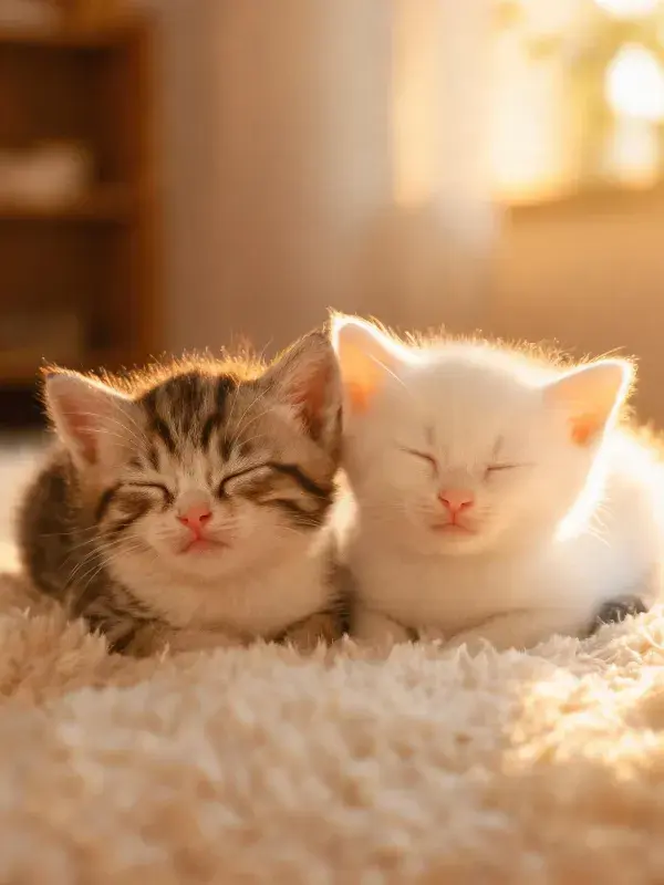 室内暖光下的两只短毛家猫