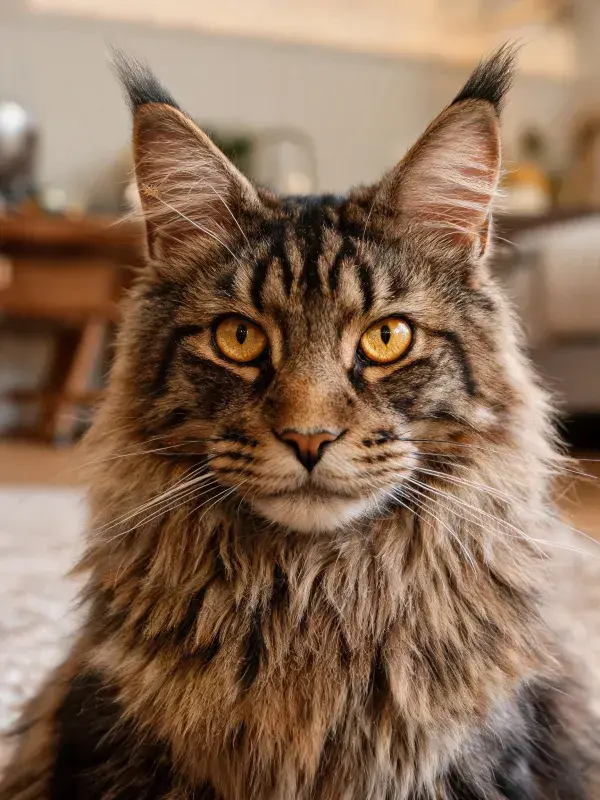 室内暖光下的虎斑缅因猫肖像