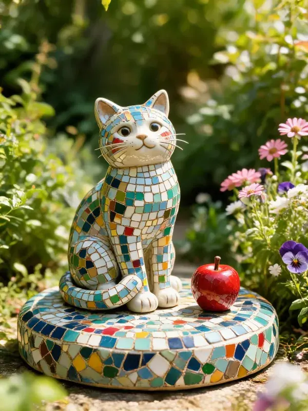 彩釉拼贴猫雕塑置于花园场景中