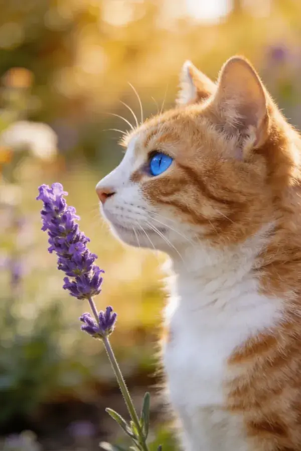 户外阳光下橘白短毛猫嗅闻薰衣草