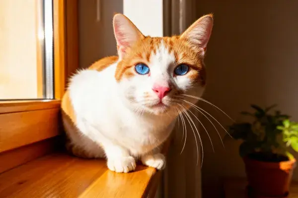 窗边暖光下的橙白短毛家猫