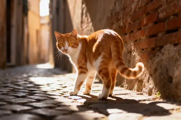 阳光洒落的古老小巷中橘白相间的短毛猫