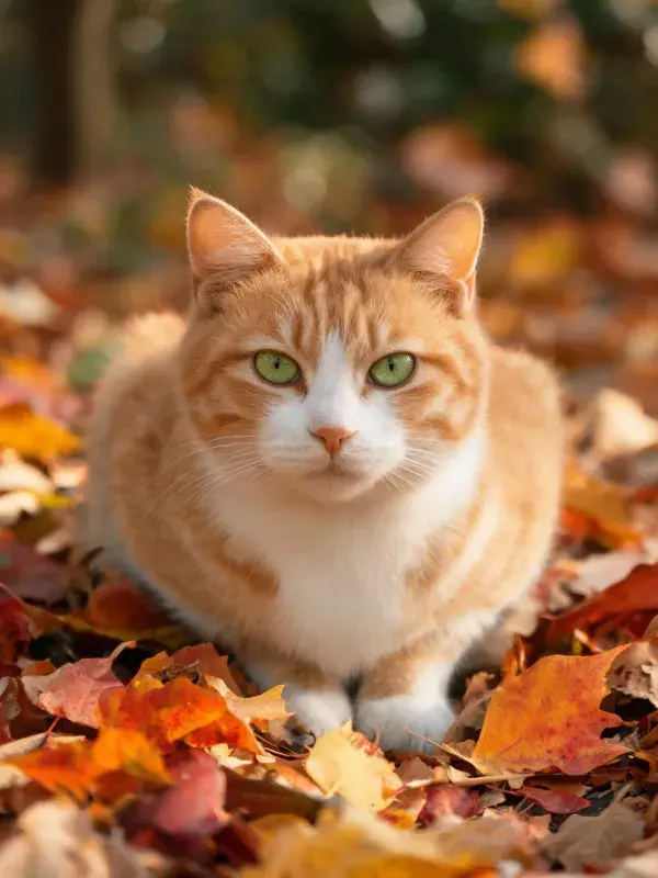 秋日落叶间的橘白短毛猫