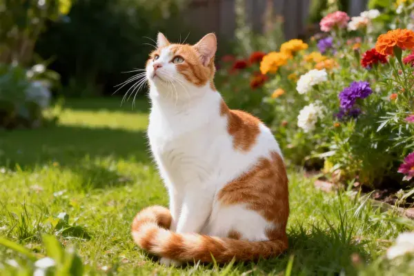 花园草地上的橙白相间的短毛家猫