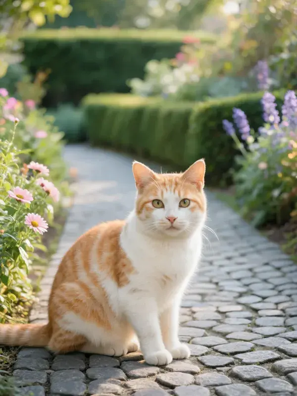 阳光明媚花园中橙白短毛家猫的静坐姿态