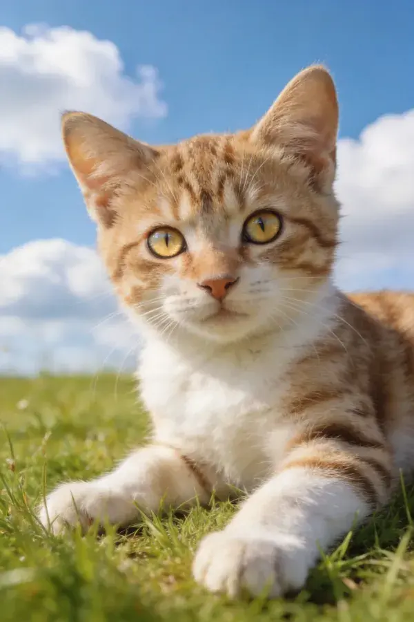 橙白相间短毛家猫草地近景
