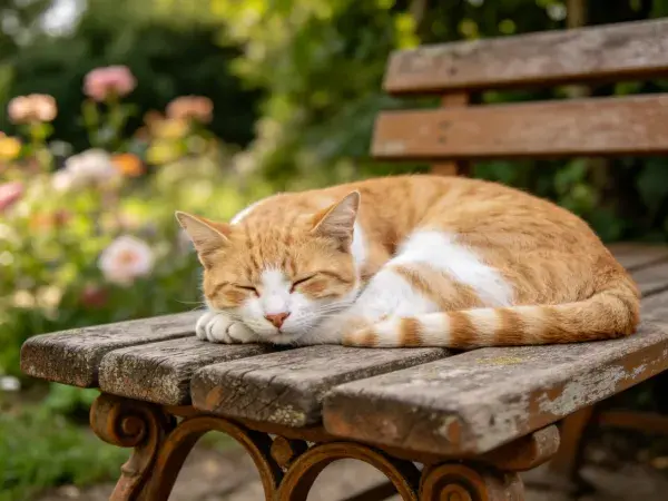 橘白短毛家猫在木制长椅休息