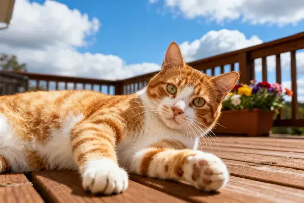橙白短毛家猫在木廊休憩