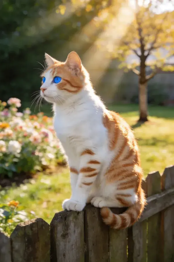 露天花园中橙白相间的短毛家猫站在木栅栏上