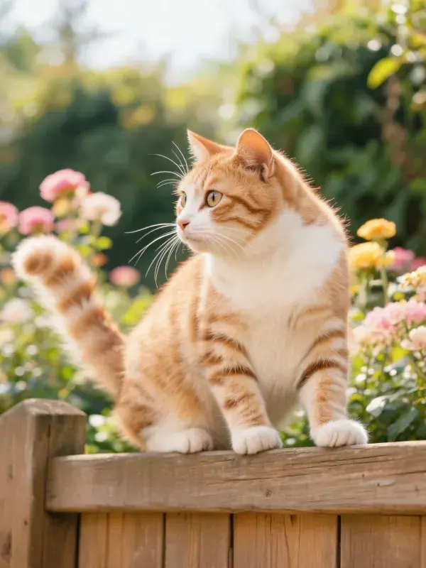 橘色虎斑短毛猫于木质围栏上的观察姿态