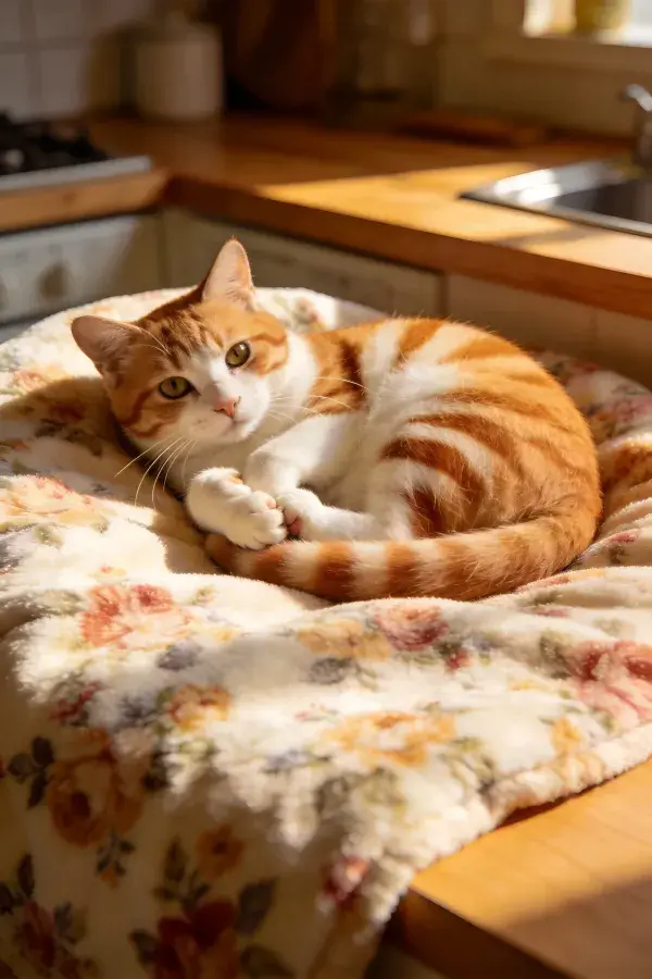短毛家猫蜷卧在厨房布垫上