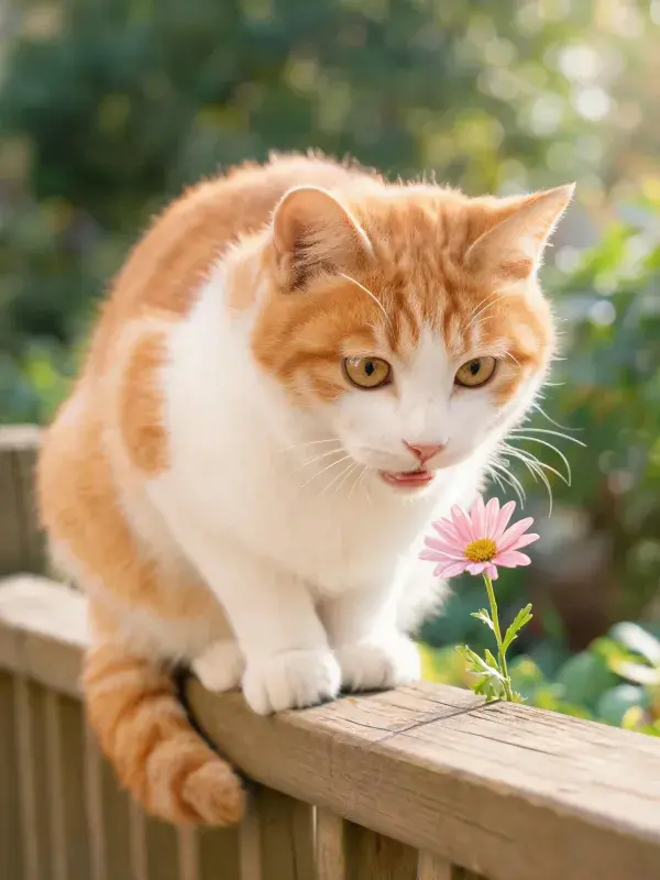 橘白短毛家猫于木栅栏处嗅闻花朵