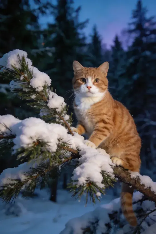 雪地松枝上的橘色短毛家猫