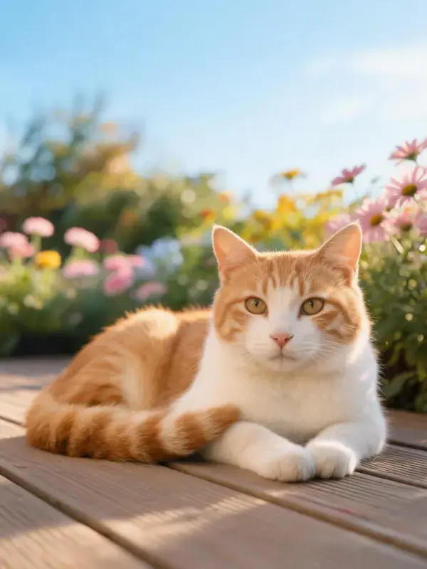 阳光明媚花园里的橘白短毛家猫