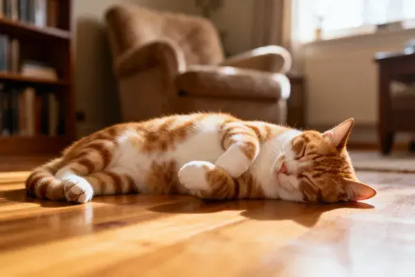 客厅木地板上的橘白相间短毛猫