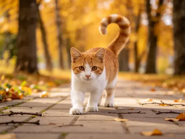 秋日林荫道上的橙白短毛家猫