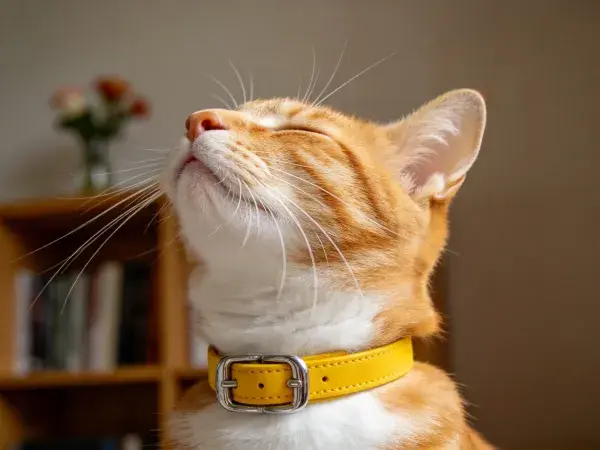室内书架旁黄色项圈短毛家猫特写