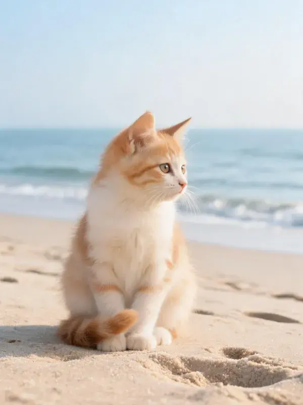 沙滩上橘白相间短毛家猫的凝视瞬间