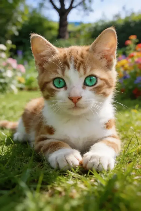 橘白相间的短毛家猫卧于花园草地