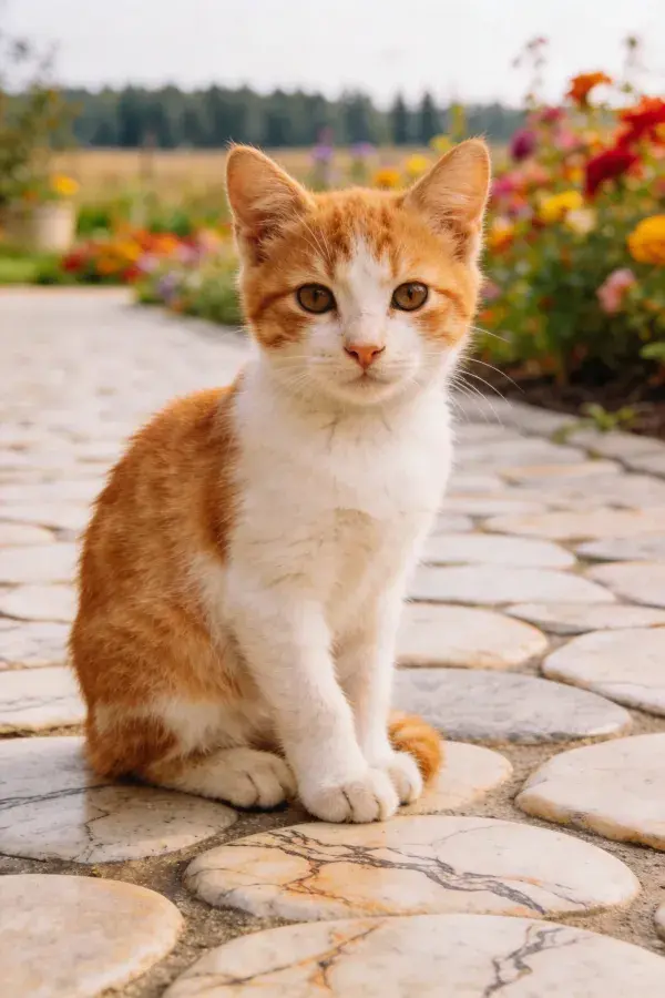 石板路上橘白短毛猫的特写