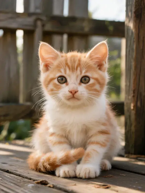 木栅栏旁短毛家猫的坐姿画面