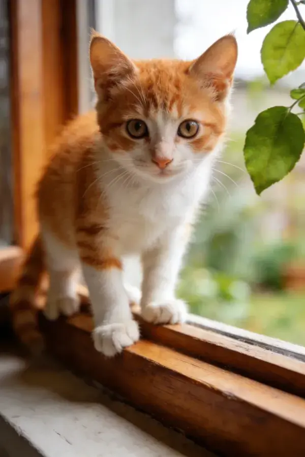短毛橘白家猫伫立窗台