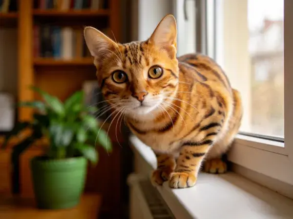 孟加拉猫在窗台观察户外景象