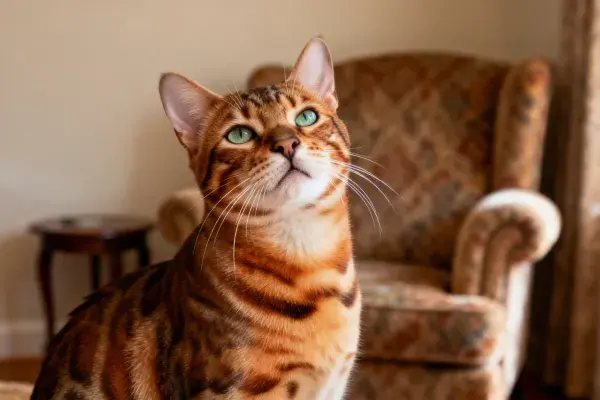 室内暖光下的孟加拉猫特写