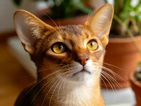阿比西尼亚猫注视盆栽场景