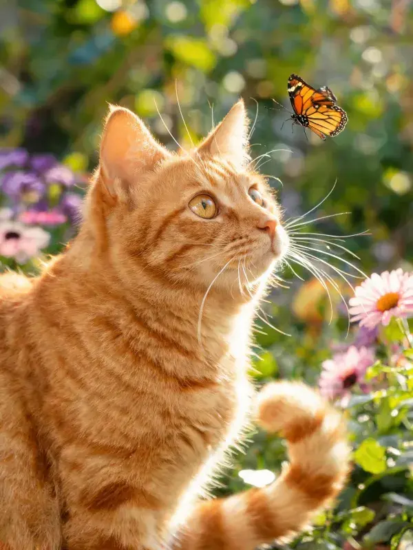 花园中橘色虎斑猫注视帝王蝶