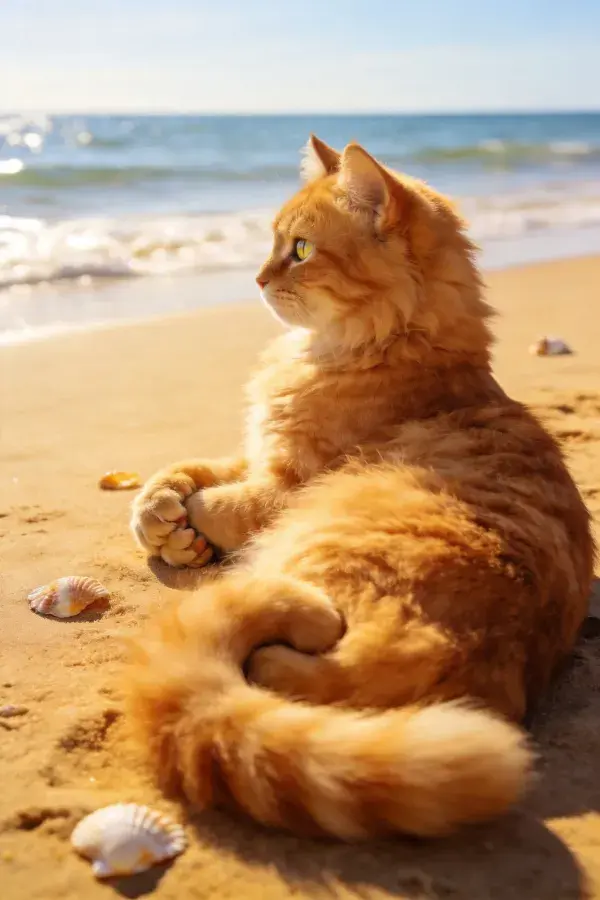 沙滩沙地上橘色长毛猫的特写